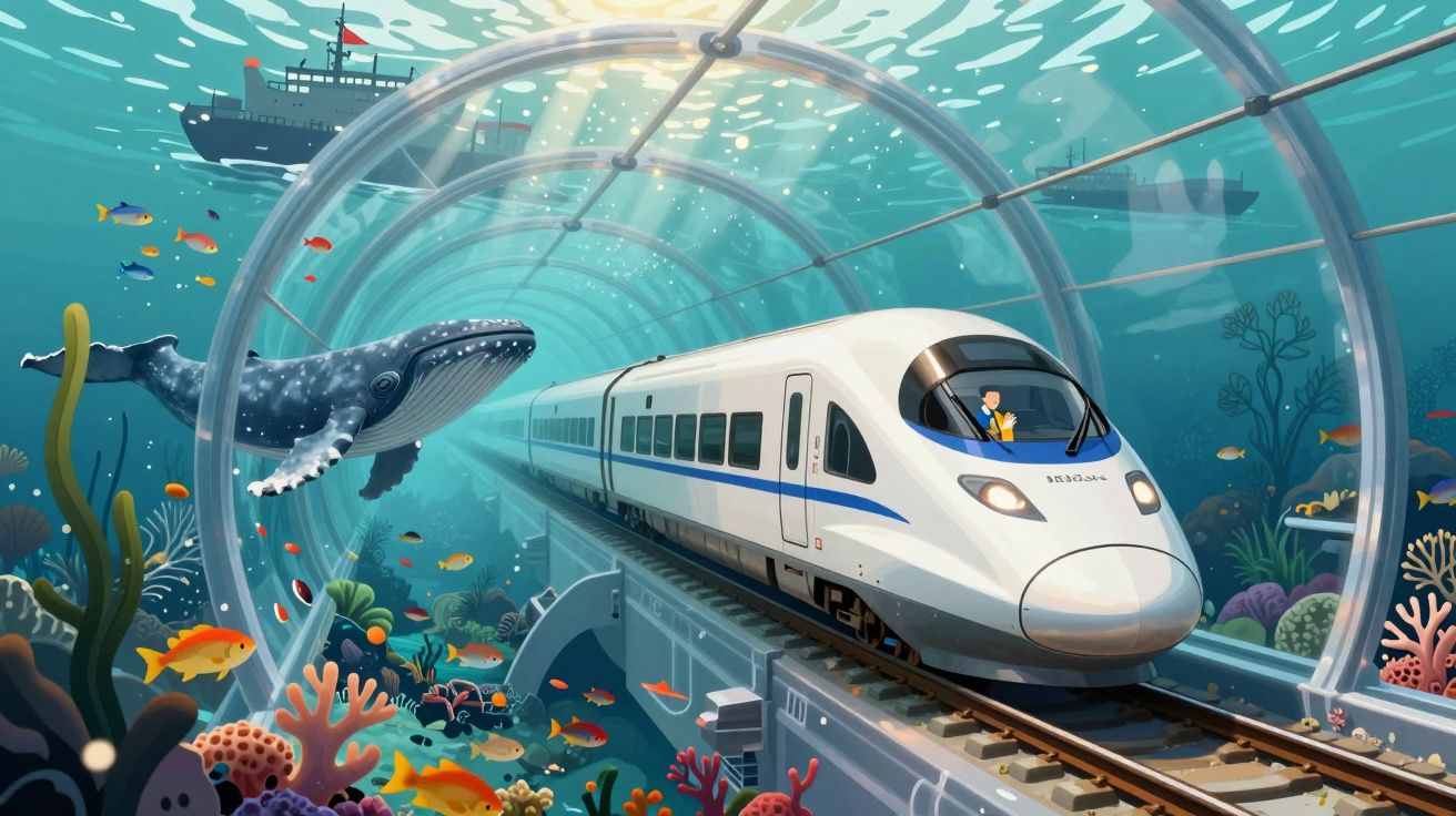 Túnel submarino transparente com comboio moderno passando e vida marinha ao redor, incluindo uma baleia e peixes coloridos.