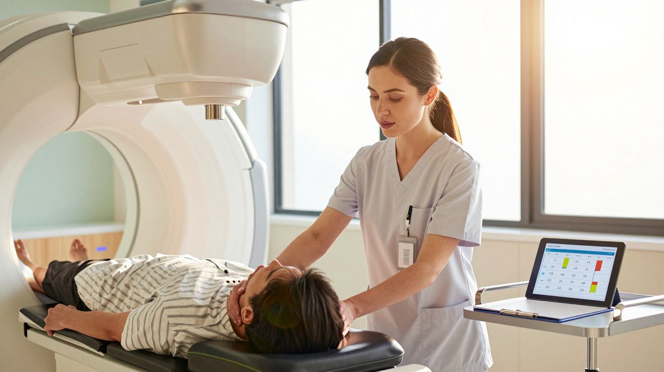 Técnica de saúde prepara paciente para exame de ressonância magnética num aparelho moderno.