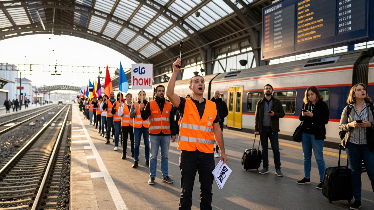Grupo de pessoas com coletes laranja em protesto numa estação de comboios, segurando cartazes e bandeiras.