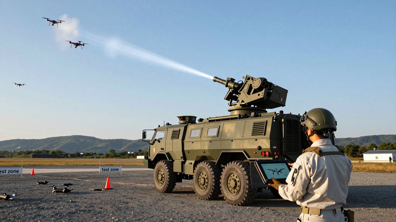 Veículo militar com canhão a disparar contra drones, operado por soldado com tablet em área de testes exterior.