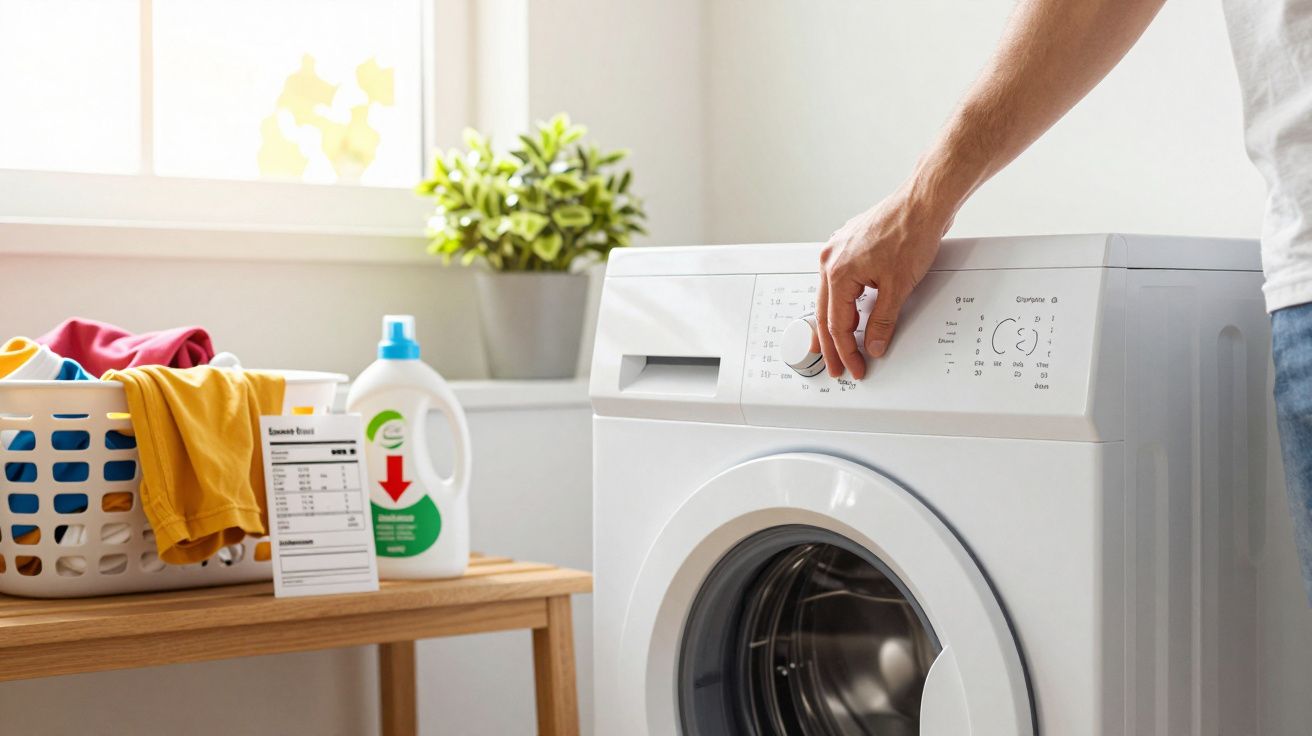 Pessoa a selecionar programa numa máquina de lavar roupa branca junto a janela e cesta com roupa colorida.