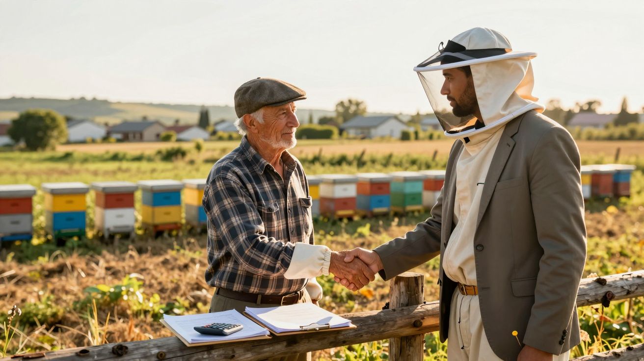 Homem idoso e apicultor com fato protetor apertam as mãos numa colmeia ao ar livre ao pôr do sol.