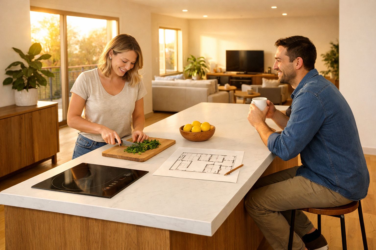Casal feliz na cozinha, mulher a cortar ervas e homem sentado a beber café, com planta e planta baixa na mesa.