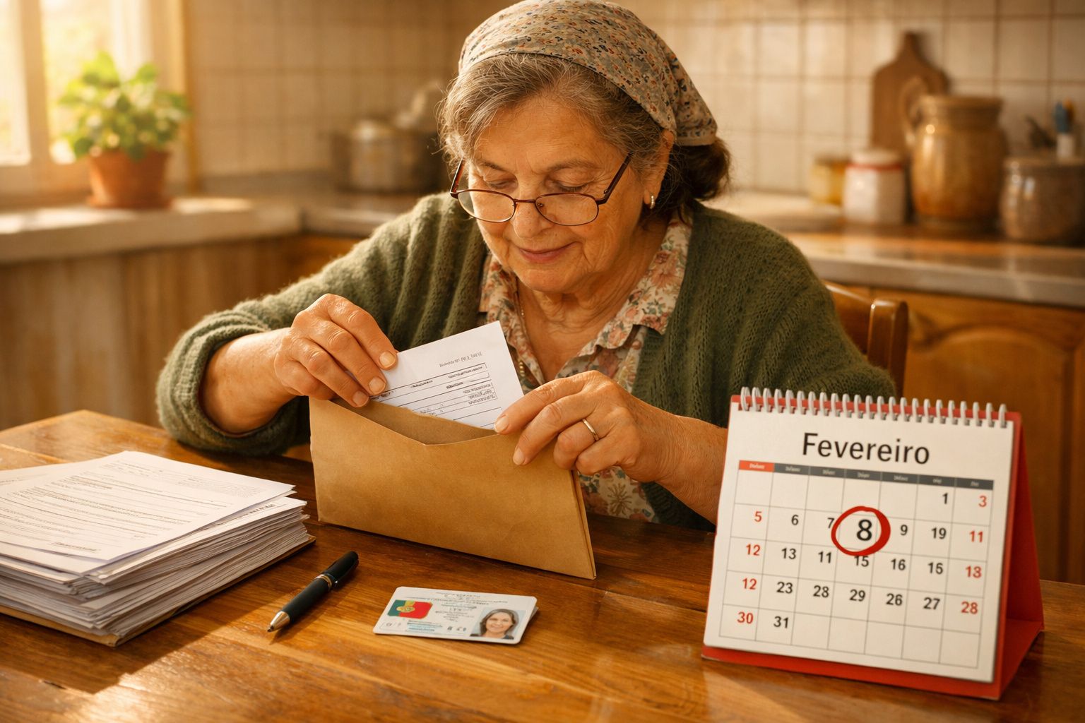 Mulher sénior a organizar documentos, com calendário e cartão de cidadão numa mesa de madeira.