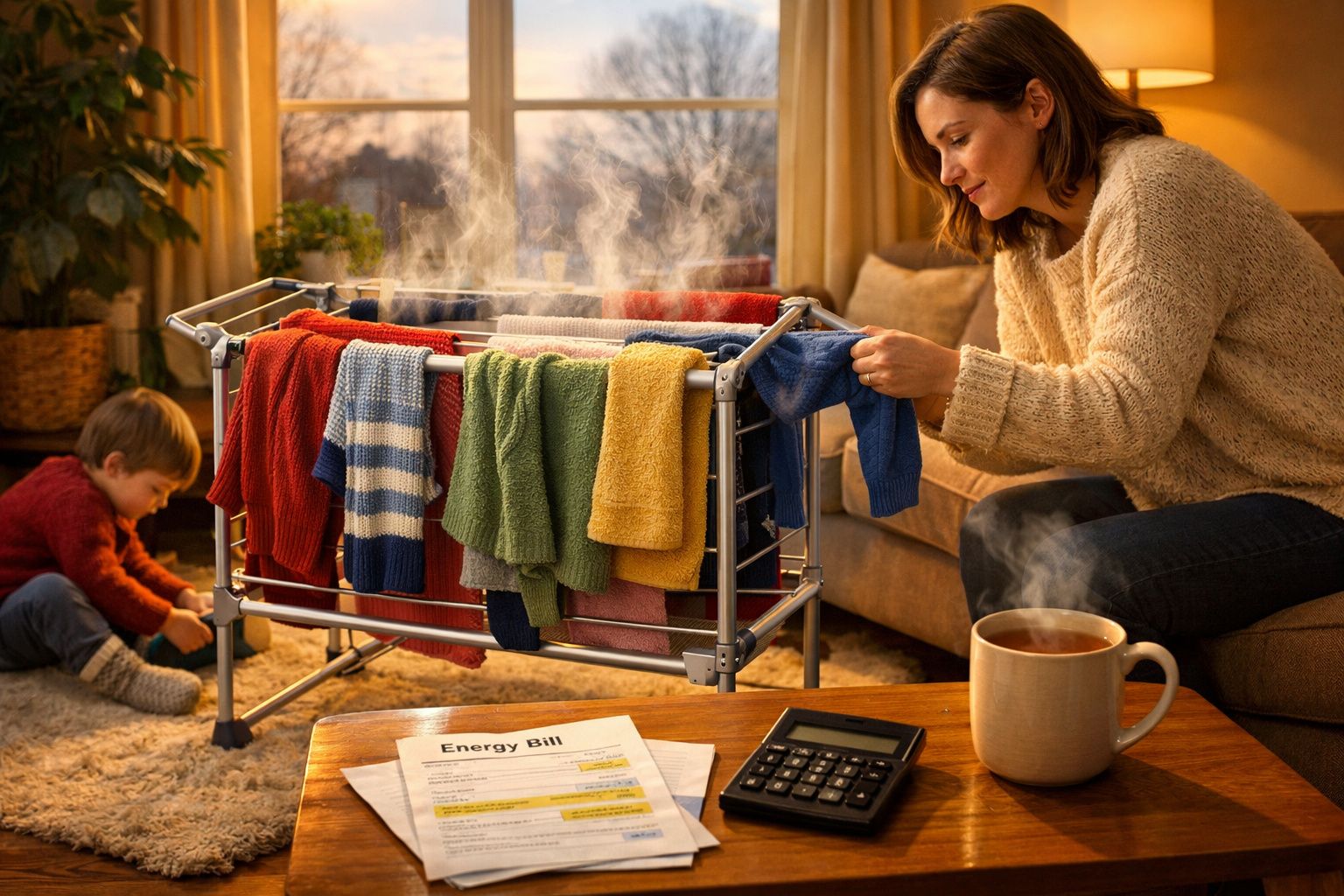 Mulher seca roupa colorida num estendal interior enquanto criança brinca no chão, com chá e contas na mesa.