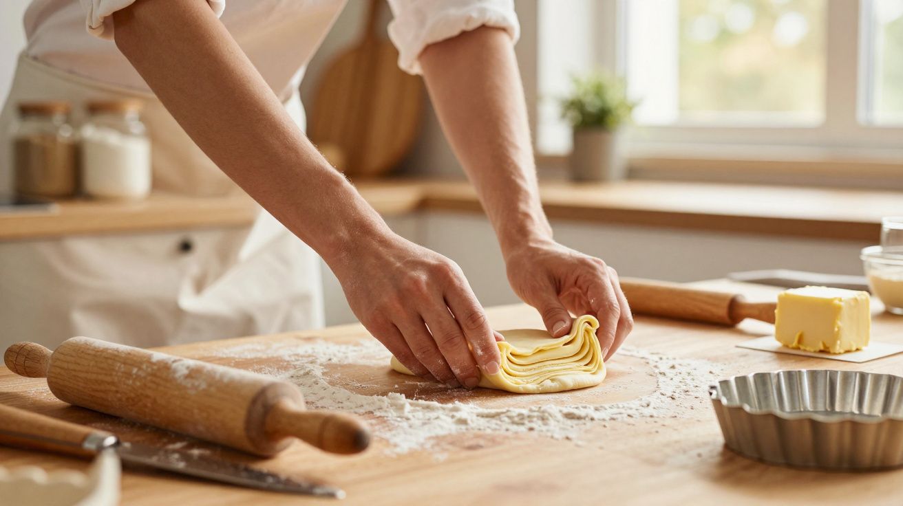 Mãos a dobrar massa estendida numa bancada de cozinha com rolo, manteiga e forma para tarte.