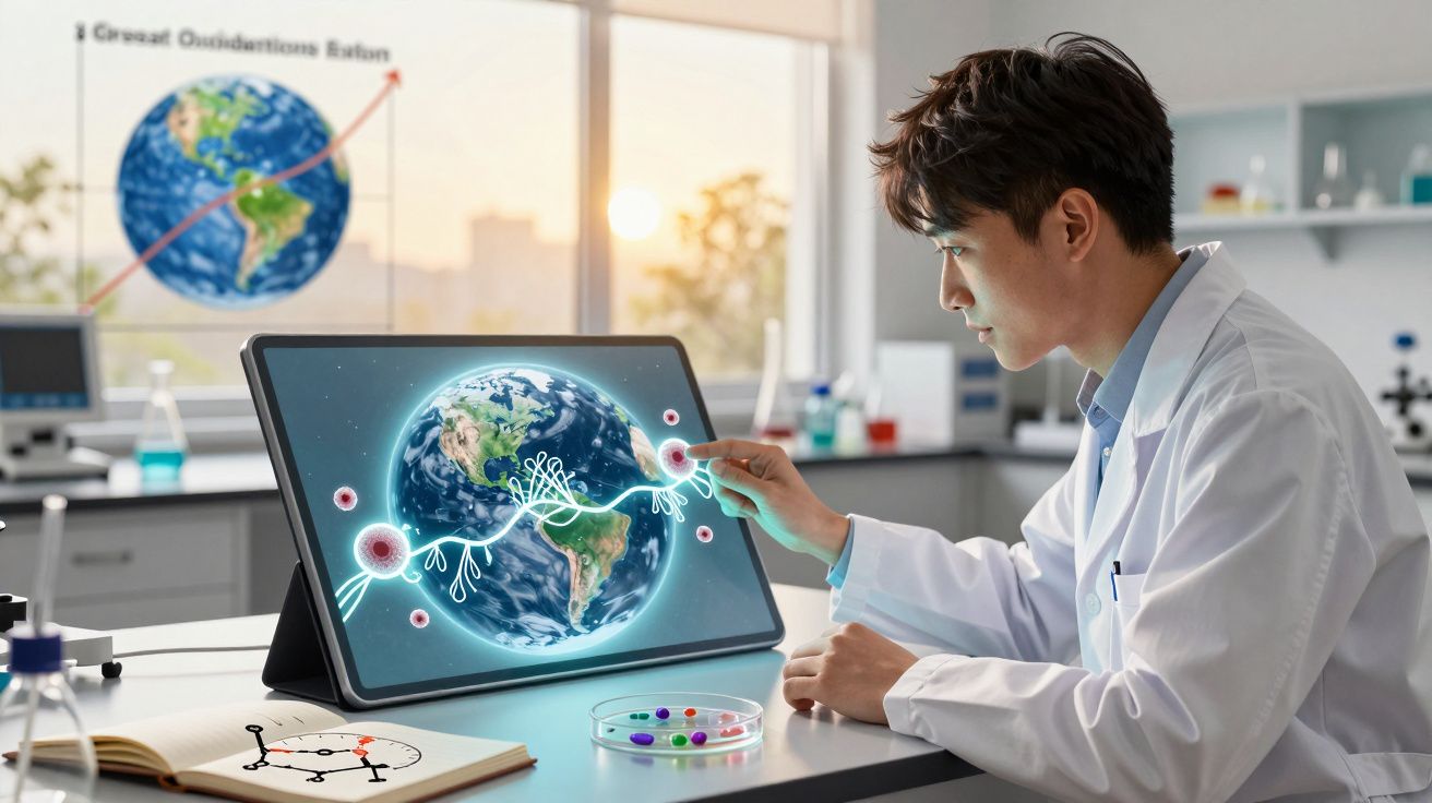 Cientista com bata branca analisa imagem digital do globo terrestre com vírus e conexões num laboratório.