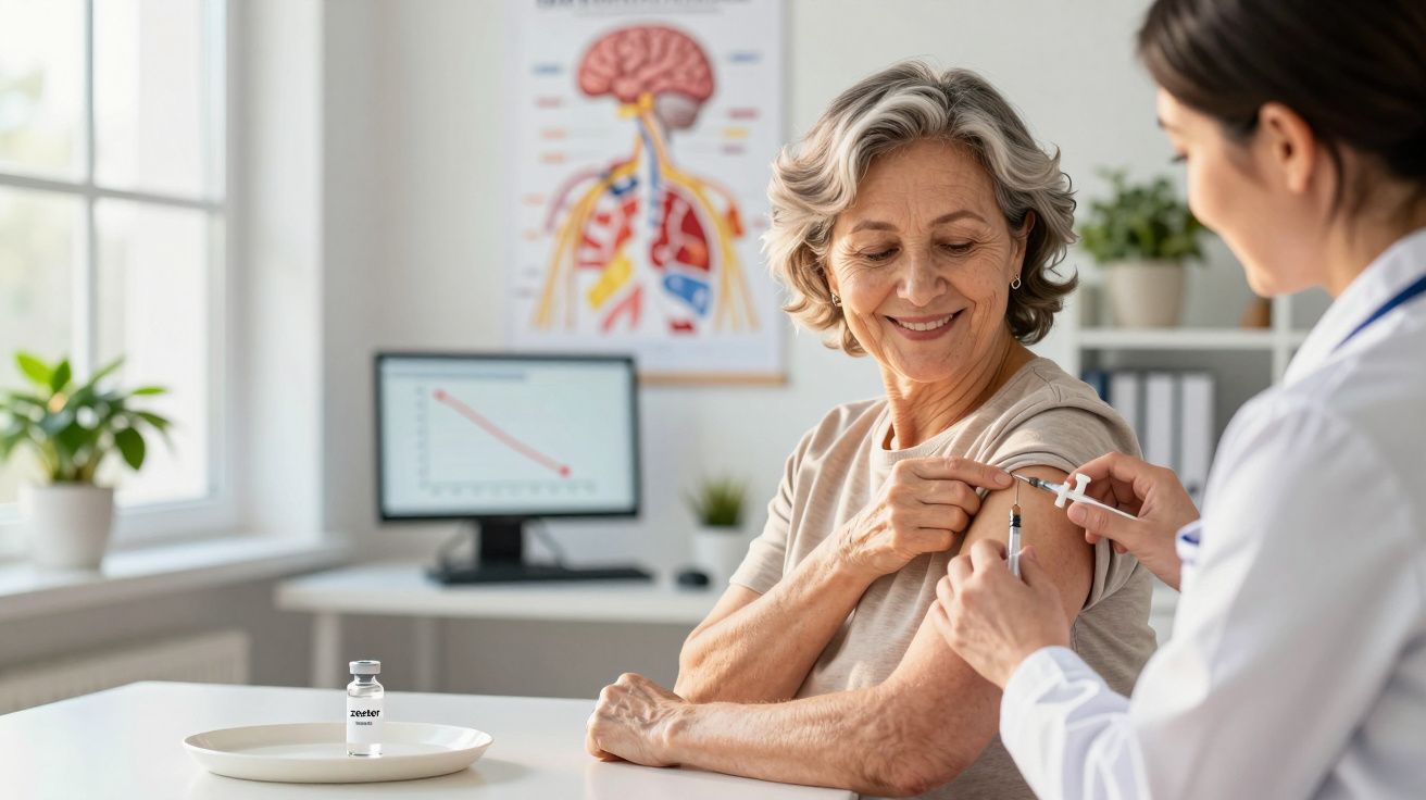 Enfermeira a aplicar vacina COVID-19 no braço de mulher sénior sorridente numa clínica.
