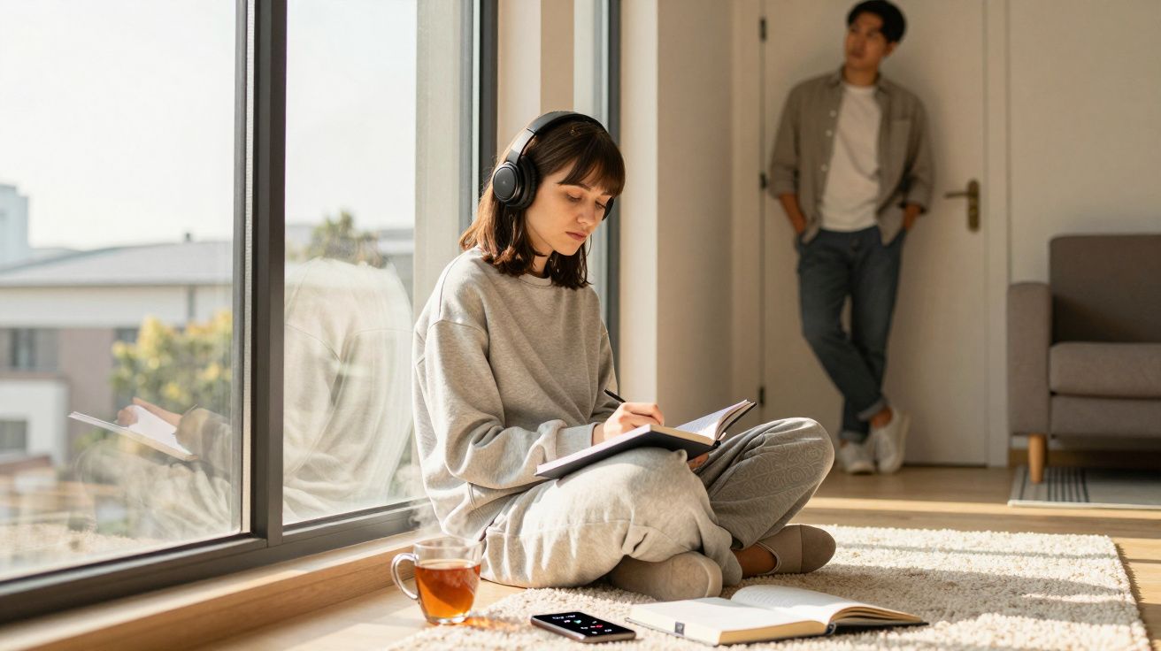 Mulher sentada no chão junto à janela a escrever num caderno, com auscultadores, homem ao fundo encostado à porta.