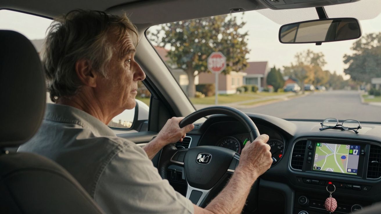 Homem idoso a conduzir carro pela cidade com GPS ativo no painel do veículo.