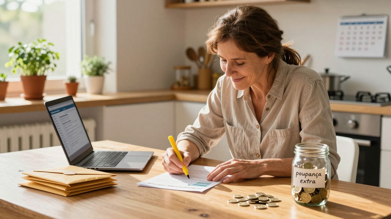 Mulher sentada à mesa a preencher documentos e a organizar poupanças com moedas e jarro etiquetado "poupança extra".
