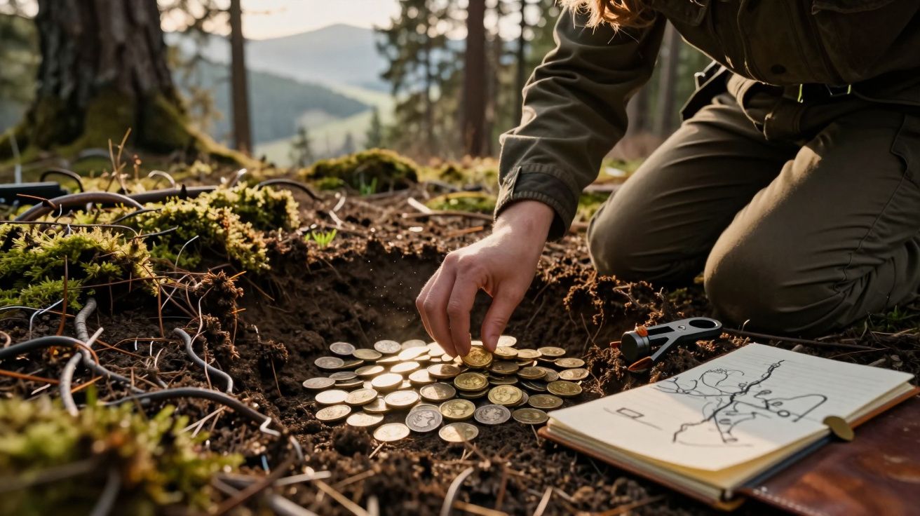 Pessoa a colher moedas de ouro enterradas num terreno ao ar livre, próximo de um caderno com desenhos.