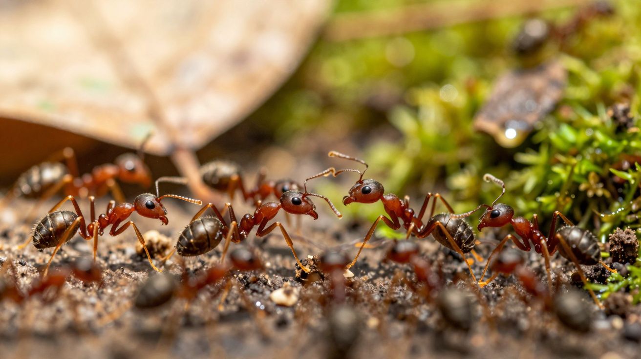 Formigas castanhas a interagir em solo com musgo e folhas secas ao fundo.