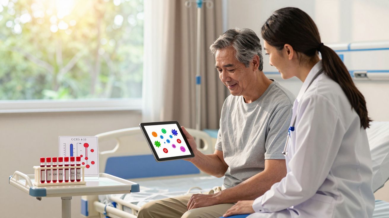 Homem idoso mostra tablet com imagens coloridas para médica num quarto de hospital.