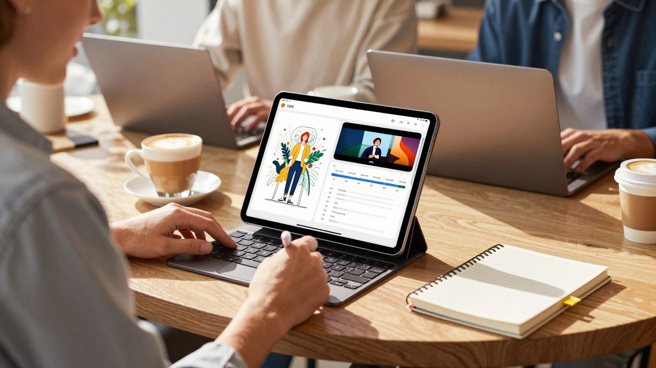 Pessoa a usar tablet com teclado numa reunião, com café e caderno sobre mesa redonda de madeira.