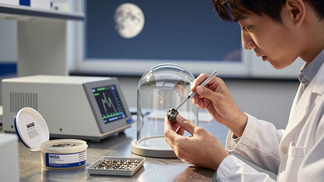 Cientista em laboratório analisa pequena peça com pinça sob monitor e lua visível na janela.