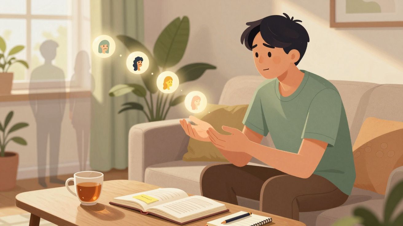 Homem sentado no sofá a pensar em diferentes pessoas com livro e chá à sua frente numa sala iluminada.