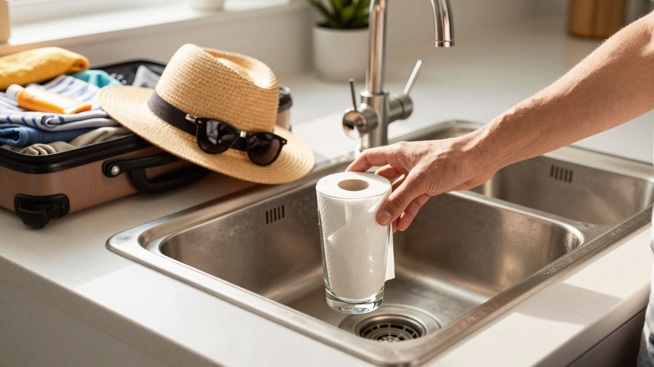 Mão a colocar um rolo de papel de cozinha dentro de um copo na pia da cozinha, mala e chapéu ao fundo.