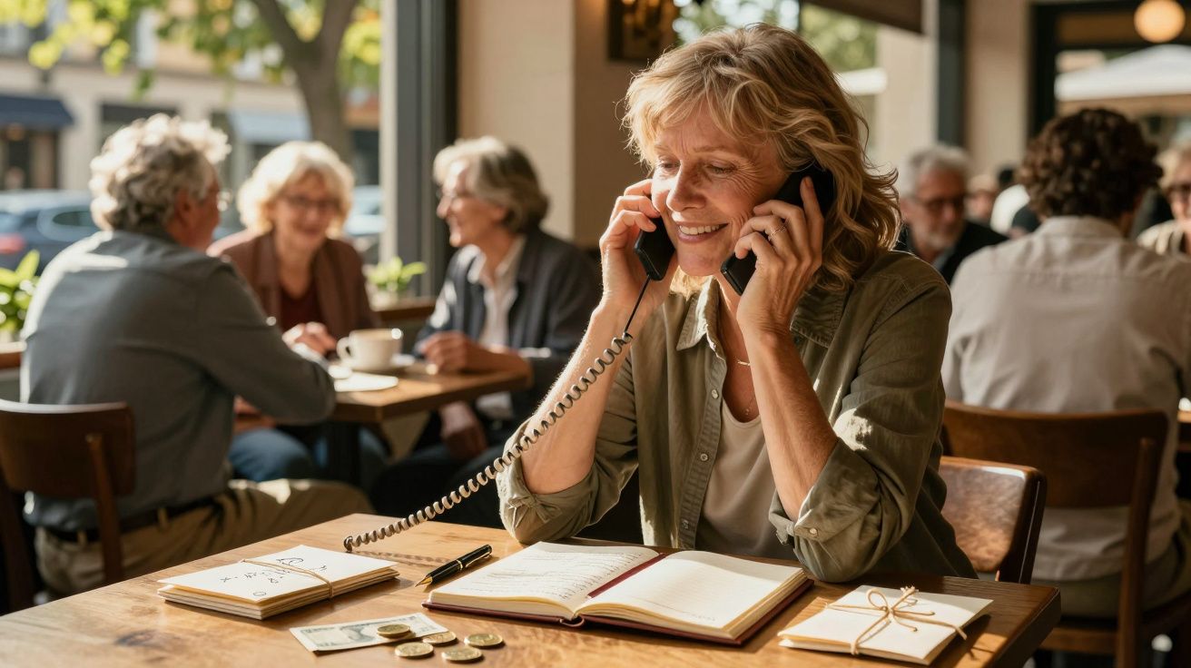 Mulher sorridente fala ao telefone em café, com caderno aberto e moedas na mesa.
