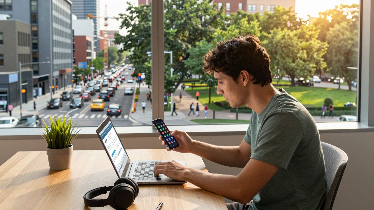Jovem sentado junto a janela, a usar smartphone e computador portátil numa mesa com auscultadores e planta.