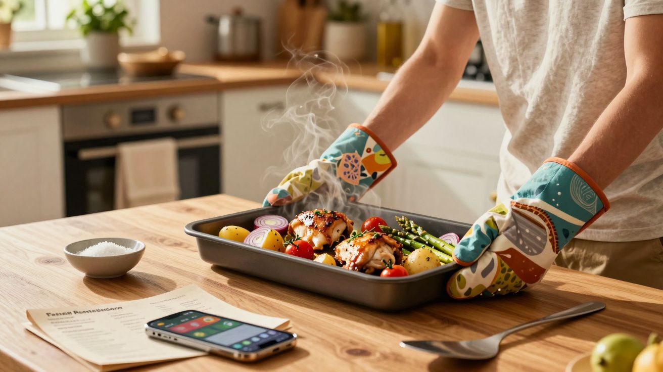 Pessoa com luvas a retirar travessa de forno com frango e legumes de cozinha moderna.