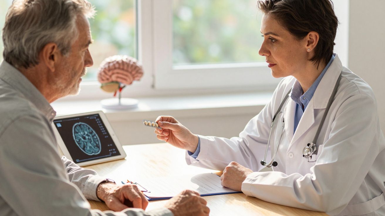 Médica a explicar tratamento com comprimidos a paciente idoso durante consulta sobre cérebro.