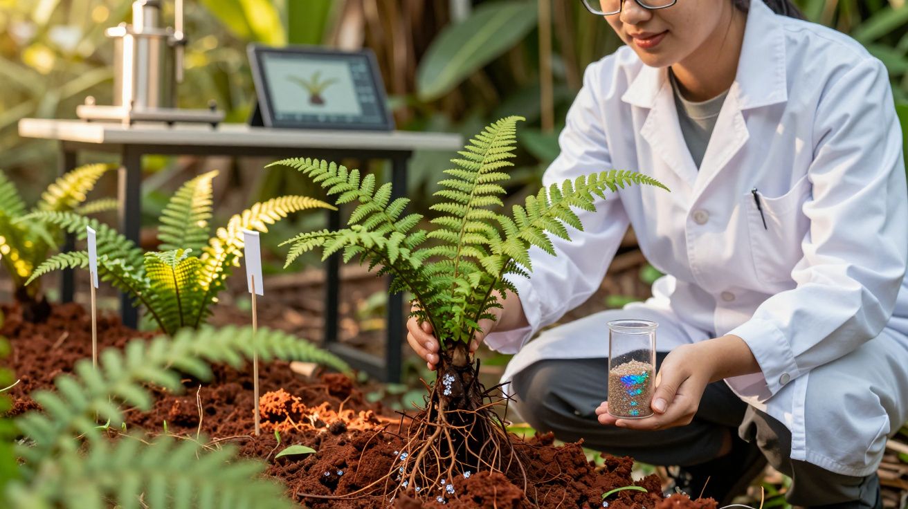 Cientista em laboratório botânico analisa crescimento de samambaia segurando frasco com sementes ou fertilizante.