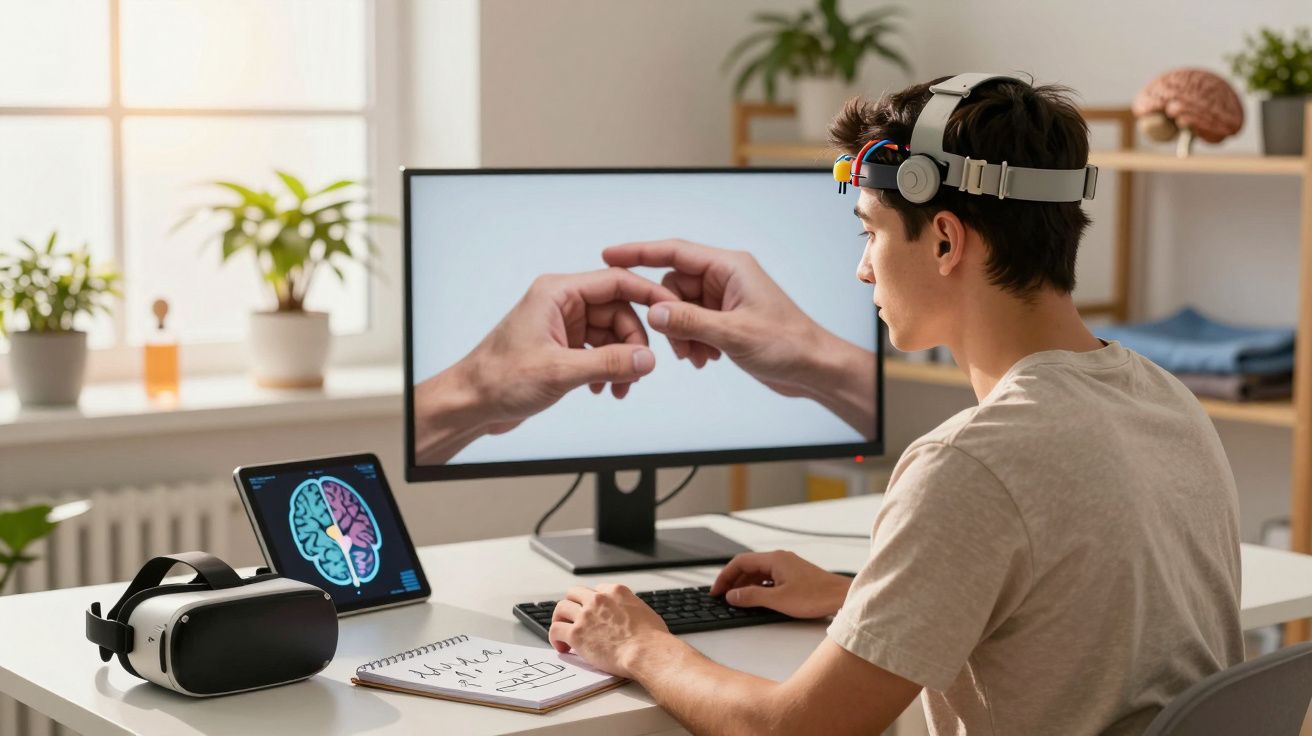 Homem com dispositivo EEG na cabeça analisa imagens de cérebro num computador num ambiente de trabalho.