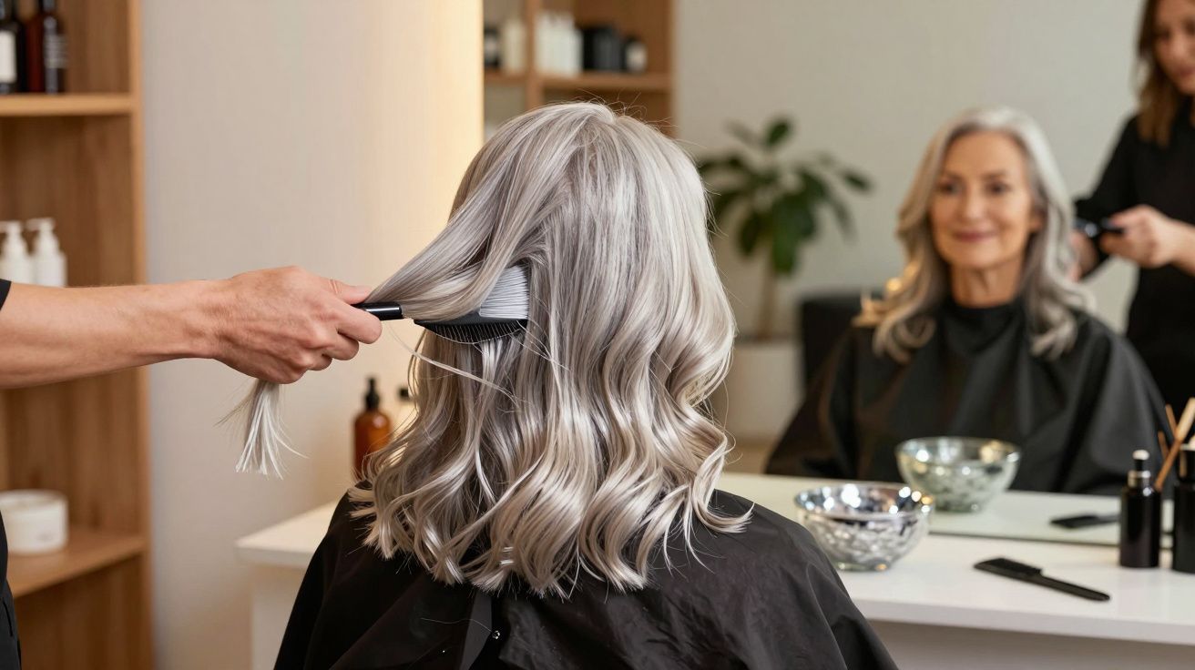 Mulher sénior a pentear cabelo grisalho ondulado num salão de cabeleireiro com espelho à frente.