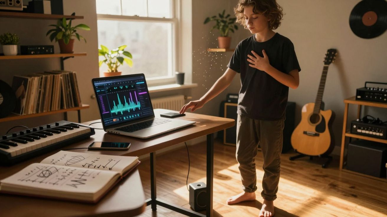 Criança em pé numa sala, a editar música num computador portátil com instrumentos musicais ao redor.