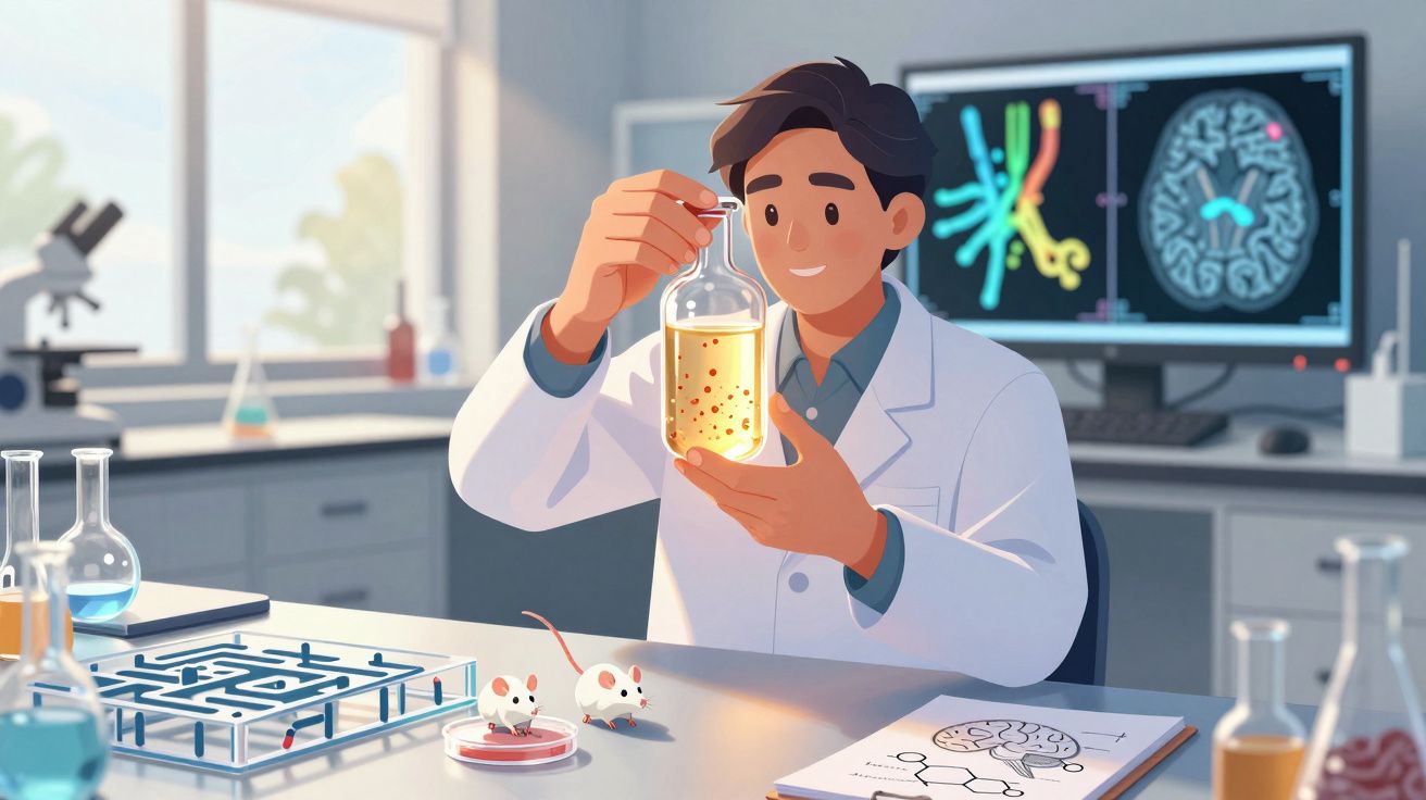 Cientista em laboratório segurando frasco com líquido, perto de ratos brancos e imagens de cérebro num ecrã.