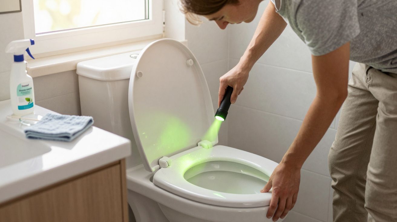 Pessoa a inspecionar sanitário com lanterna de luz UV numa casa de banho luminosa.