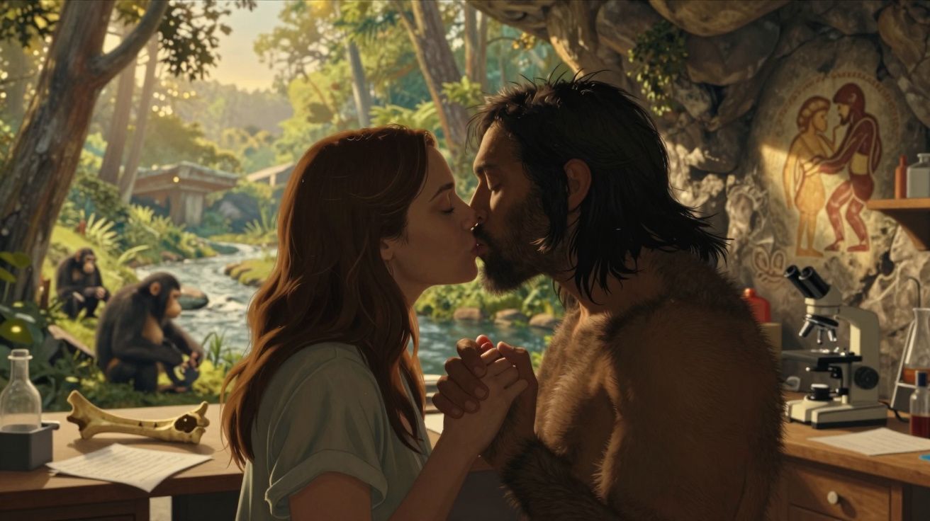 Mulher e homem pré-histórico beijam-se de mãos dadas numa cabana com símbolos rupestres e chimpanzés ao fundo.