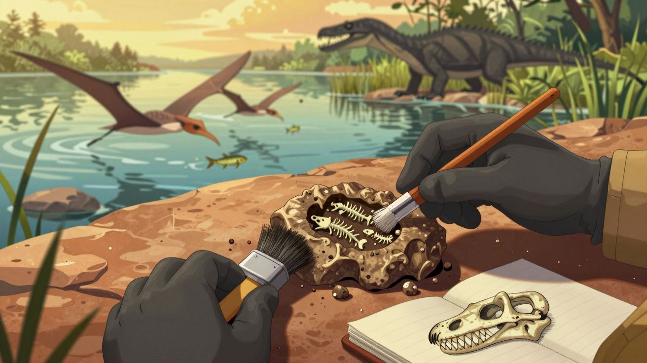 Mãos com luvas limpam fósseis perto de um lago, com dinossauros e pterossauros ao fundo ao pôr do sol.