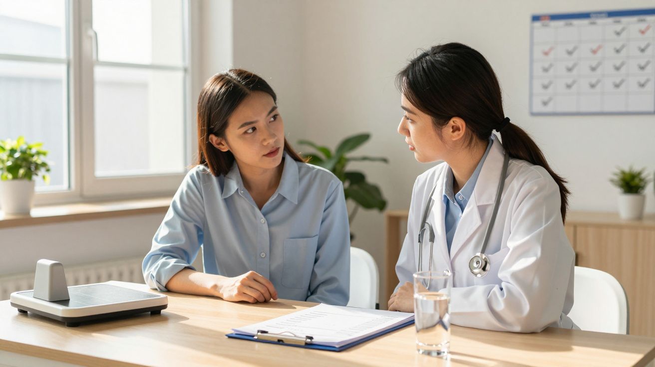Médica e paciente discutem resultados de exame numa consulta, com prancheta e copo de água na mesa.
