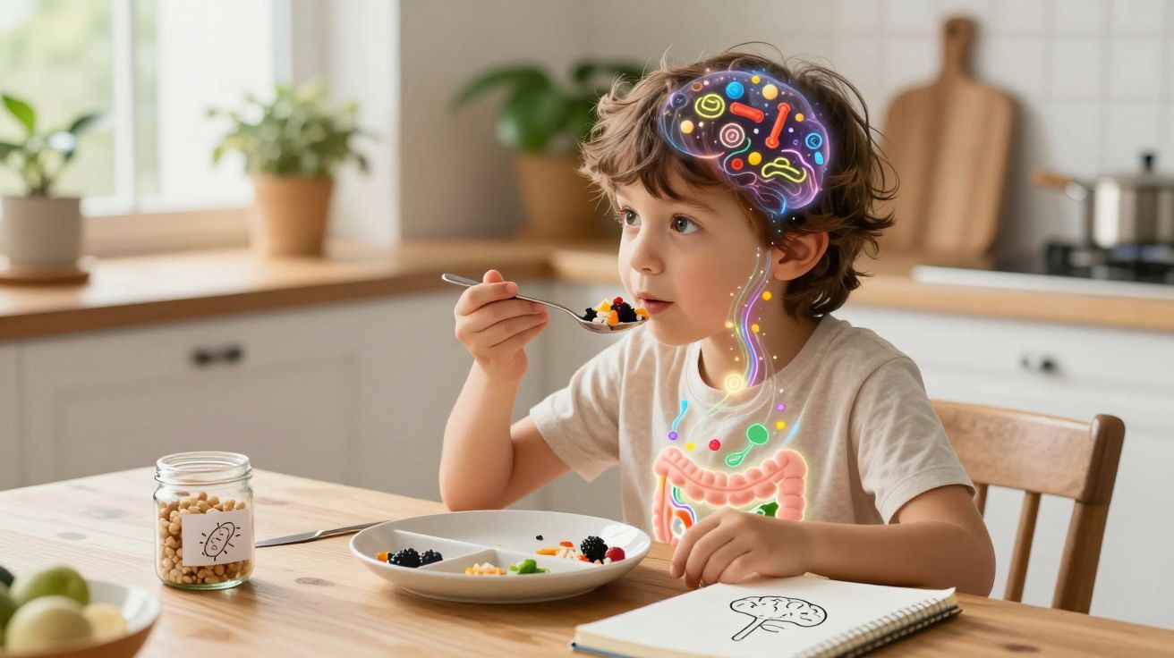 Criança a comer frutas, com ilustrações do cérebro e sistema digestivo superpostos, numa cozinha.
