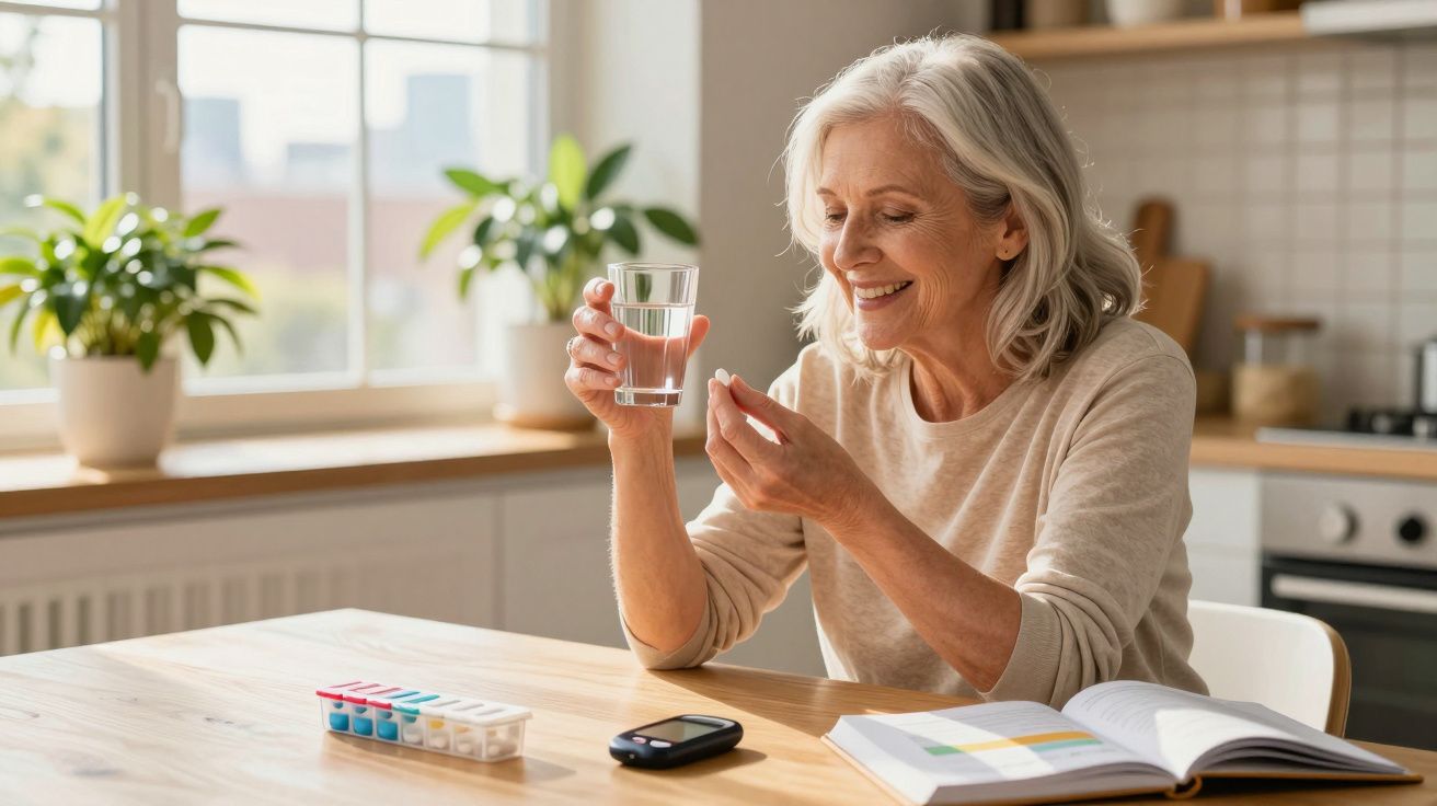 Mulher madura sorridente na cozinha a segurar comprimido e copo de água, com kit de medicação e livro na mesa.