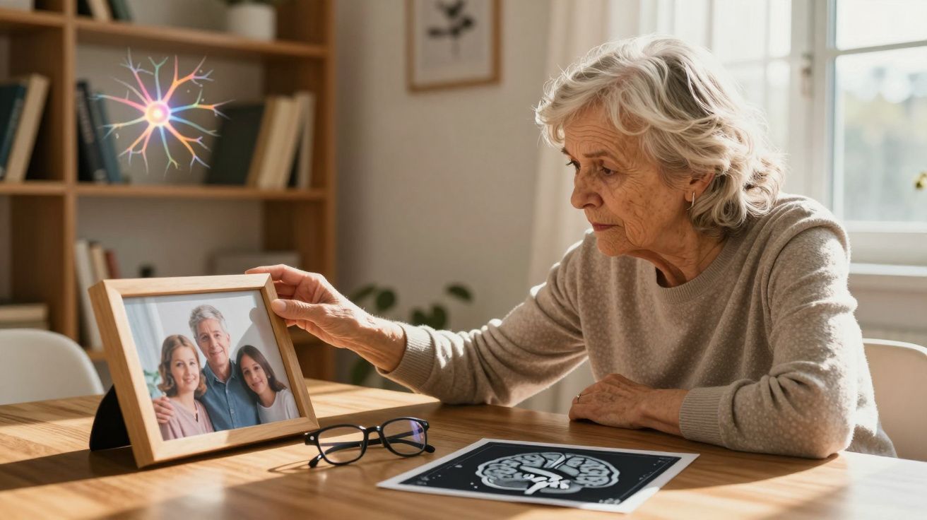 Mulher idosa a olhar pensativa para uma foto de família numa sala iluminada, com desenho de cérebro na mesa.