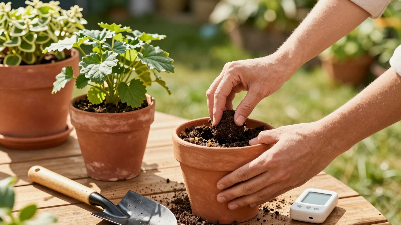 Mãos a plantar uma muda em vaso de barro sobre mesa com terra e ferramenta de jardinagem.