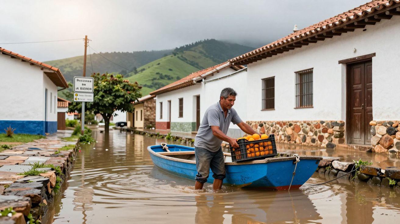 Homem retira caixa de laranjas de barco azul durante inundação em rua de aldeia com casas brancas.
