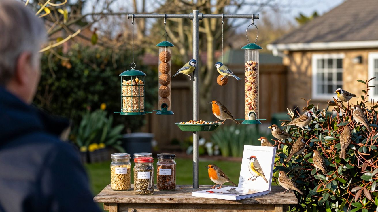 Pessoa observa alimentador de pássaros com várias aves e sementes em jardim ao ar livre.