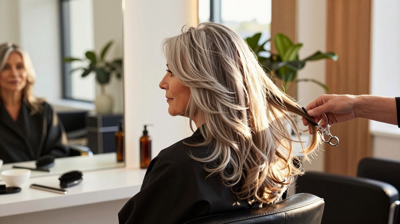Mulher com cabelo comprido grisalho sentada em cadeira de salão de cabeleireiro, pronta para corte.