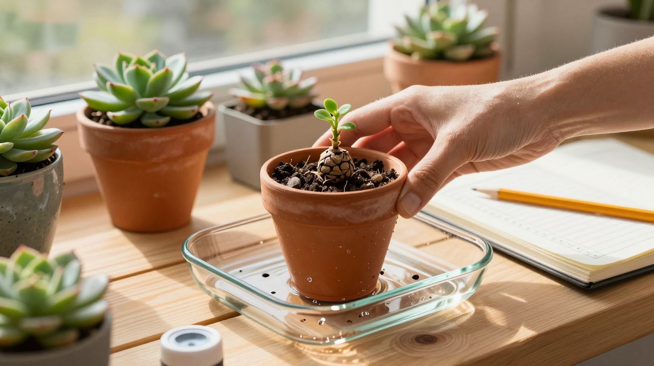 Mão a segurar vaso de barro com planta suculenta pequena sobre tabuleiro de vidro numa mesa junto a janela.