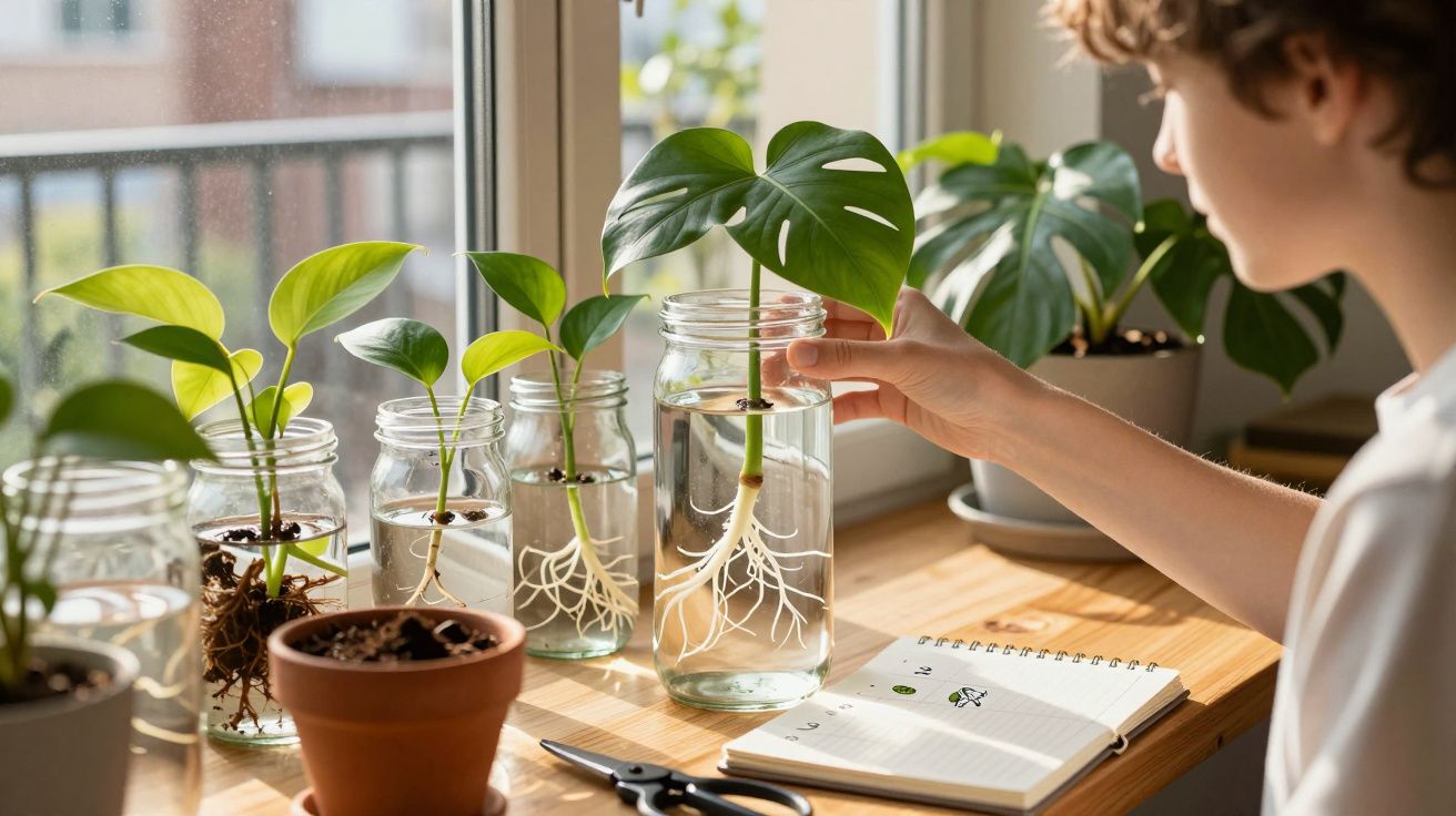Pessoa a cuidar de estacas de plantas em jarros de vidro numa mesa junto à janela ensolarada.