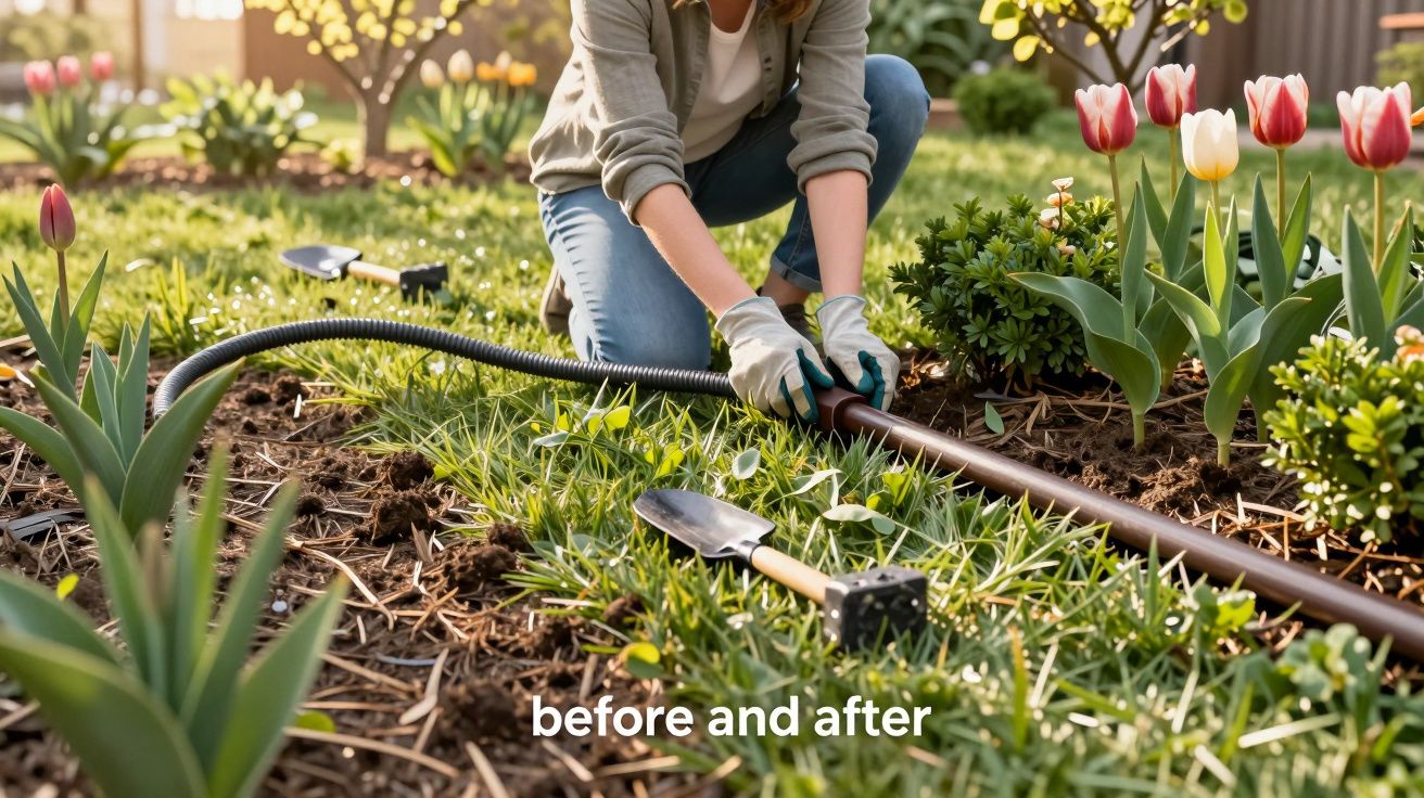 Pessoa a instalar sistema de rega por gotejamento num jardim com tulipas vermelhas e brancas.