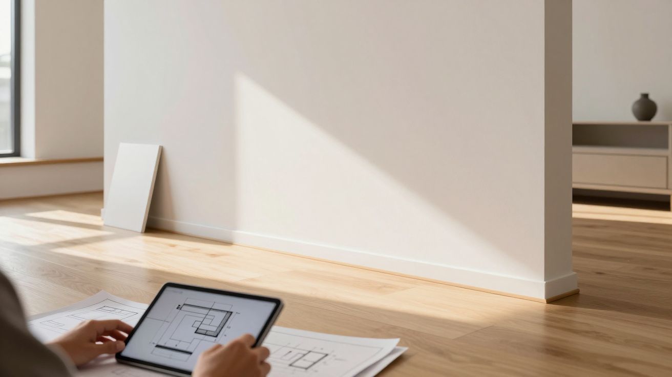 Pessoa a analisar plantas arquitectónicas numa mesa junto a uma parede branca iluminada por luz natural.