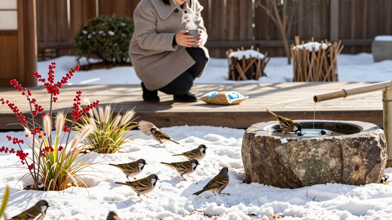 Mulher agachada junto a fonte de pedra com água e pássaros a beberem na neve num jardim zen.