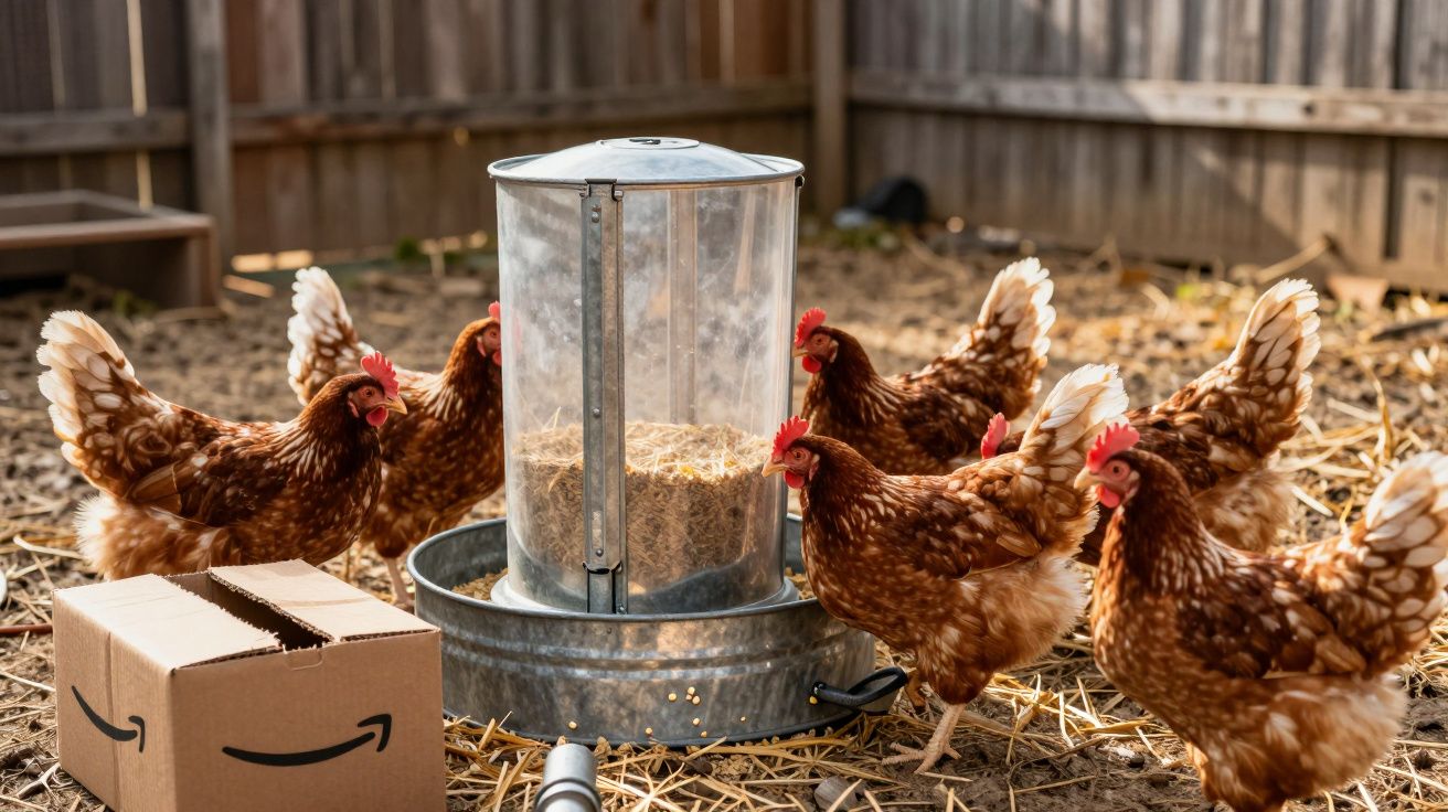 Galinha castanha a comer ração ao redor de comedouro metálico numa pocilga com palha.