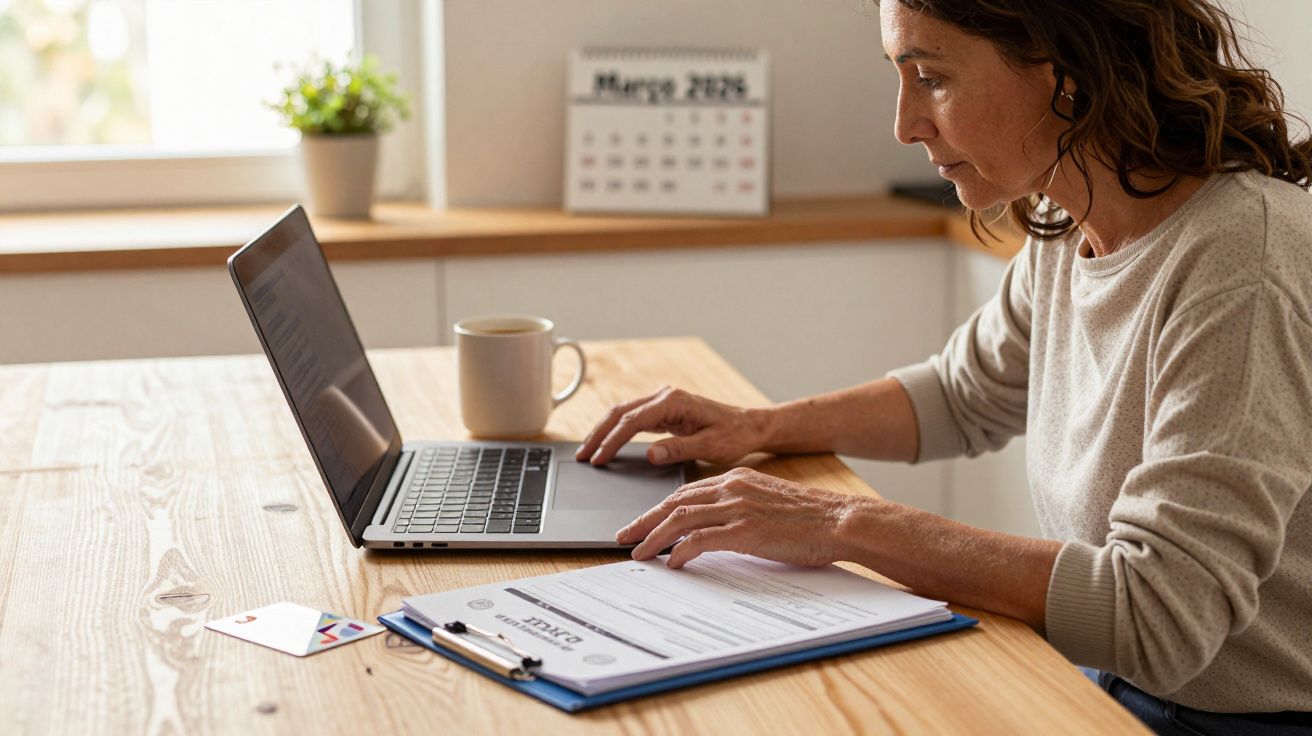 Mulher a trabalhar em computador portátil com documentos numa mesa de madeira e caneca ao lado.
