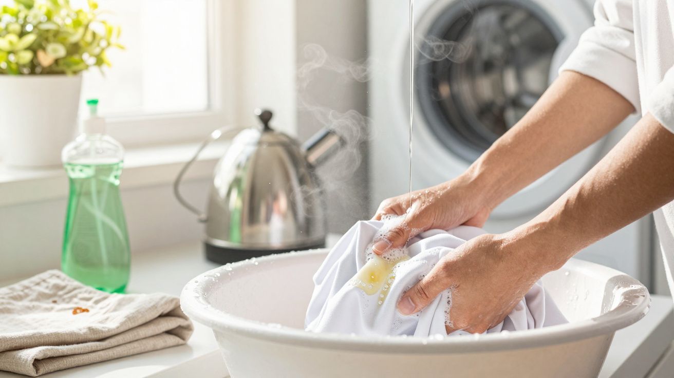 Mãos a lavar roupa branca com sabão em bacia, ferro de engomar e detergente na bancada da cozinha.